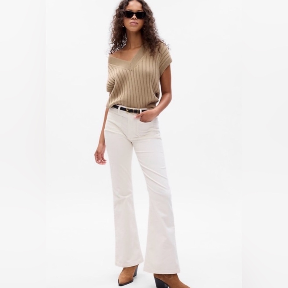 Gap 70s Flare High Rise‎ Corduroy Pants 29 8R Ivory Frost Patch Pockets Retro